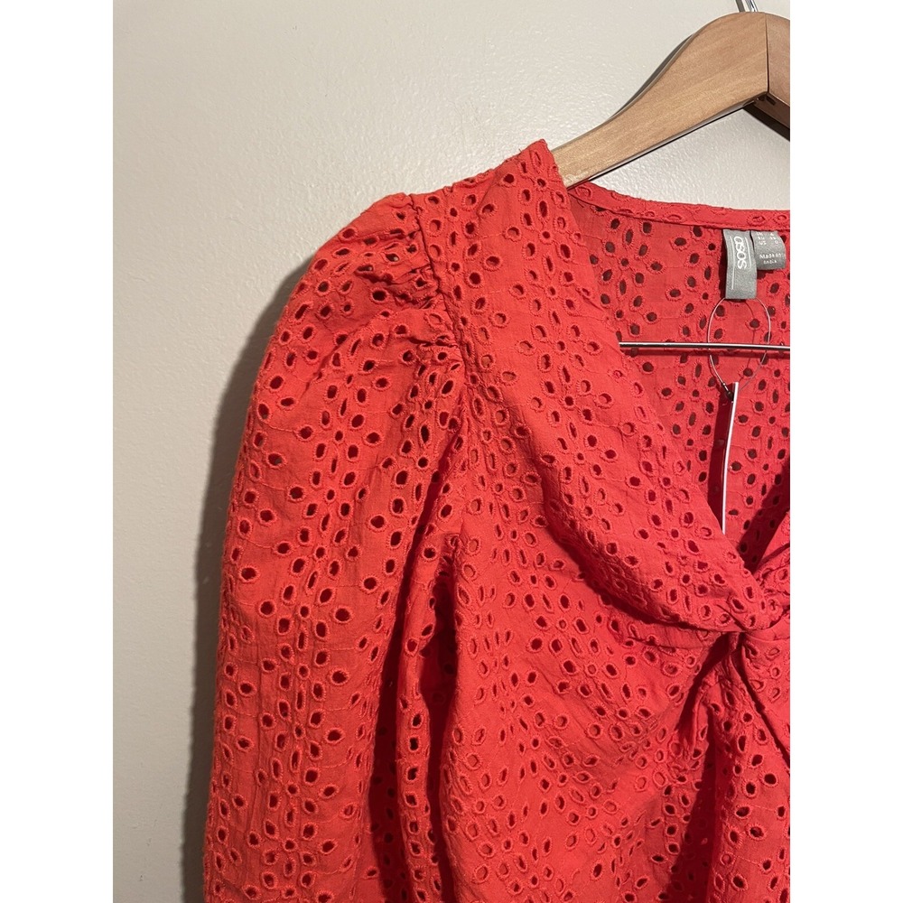 Asos Eyelet V-Neck Blouse Women's Size 0 Long Sleeve Red NWT - Picture 9 of 9